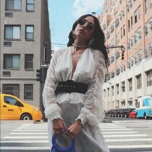 DIVINE HERITAGE Plunge Ivory Sheer Lace Ruched Crop Blouse US SMALL NWT $295